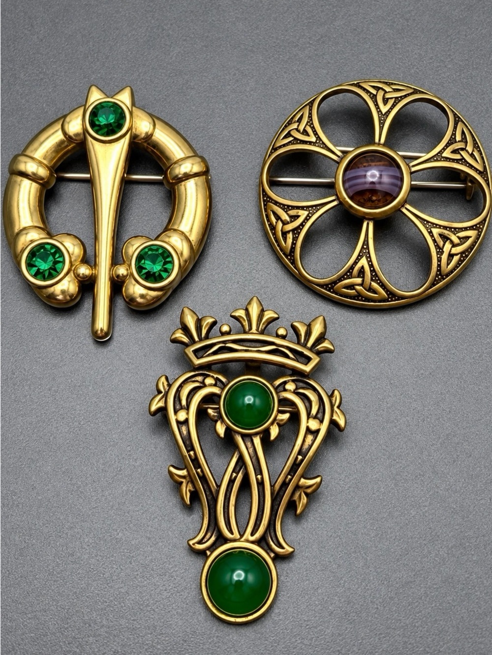 Vintage Celtic Brooch Set with Green and Purple Gem #cz214